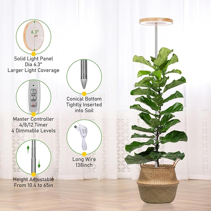 LORDEM Bamboo Grow Light for Indoor Plants,Full Spectrum LED Plant Grow Light, Height Adjustable Growing Lamp with Auto Timer 4H/8H/12H, 4 Dimmable Levels, Ideal for Large Tall Plants