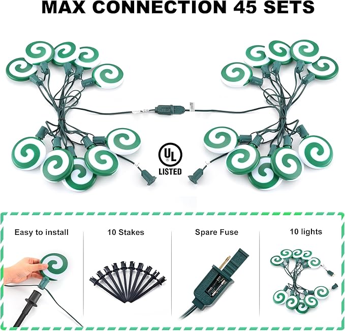 Ultimate Unicorn Christmas Pathway Lights, Green Peppermint LED Lollipop Lights for Outdoor Decoration, With Stakes for Yard, Sidewalk, Garden, Rooftop