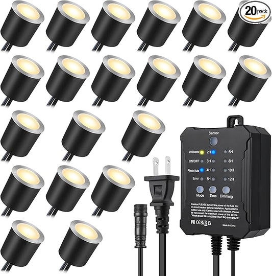 SMY Lighting Dimmable LED Deck Lights with Timer and Photocell Sensor and Protecting Shell φ32mm,20Pack Outdoor LED Smart Deck Lighting IP67 Waterproof for Garden,Yard Stair, Patio, Floor Decoration