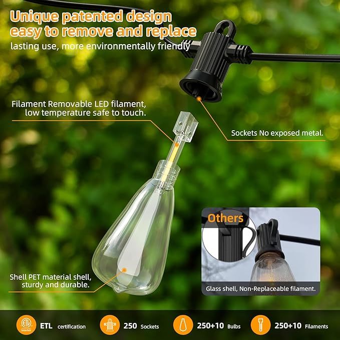 FOOMAN LED Outdoor String Lights, 500FT Outside Waterproof Hanging Patio Lights with 250+10 Shatterproof ST38 Edison Bulbs, 2700K Warm White, Dimmable Light for Back Yard Porch Party Gazebo Bistro