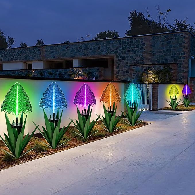 Metal Outdoor Decoration Gift Christmas Decorations Outdoor Metal Agave Yard Art Garden Lights Solar Outdoor, 7 Color Changing Garden Yard Pathway Xmas Decor Waterproof (2 pcs Green)