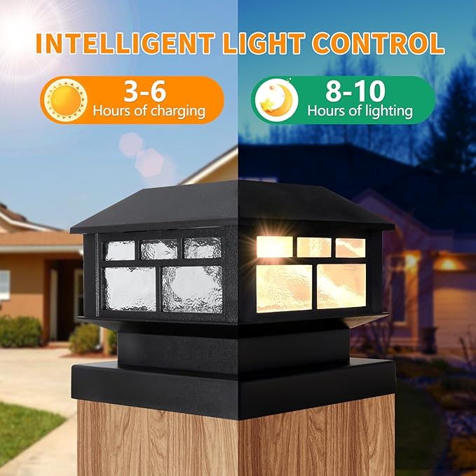 Solar Post Lights Outdoor, 20LM Fence Post Cap Lights,Waterproof, 2 Light Modes, Fit 3.5x3.5in 4x4in 5x5in Wooden Post, Solar Power Deck Lights for Garden Deck Patio Decoration（Black 4Pack）