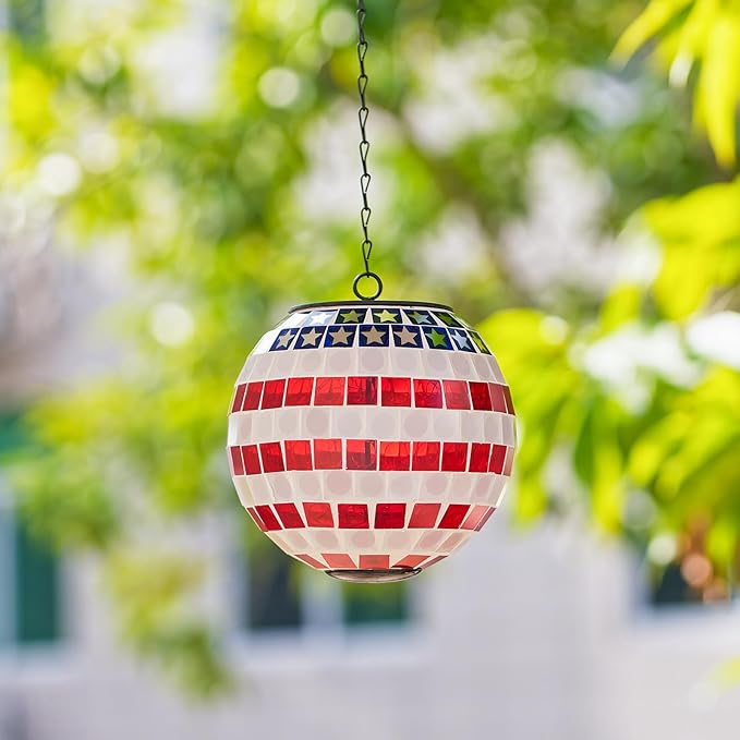 American Flag Solar Hanging Lanterns Outdoor Waterproof Glass Mosaic Gazing Ball Globe Hanging Lantern Lights for Patio Garden Yard Home Decor (Red)