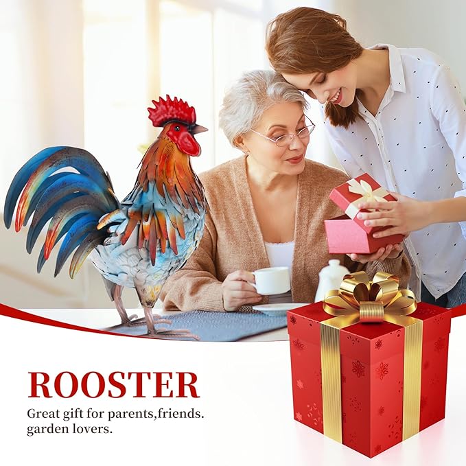 Metal Rooster Decor Garden Statue,Yard Chicken Decorations Outdoor Sculpture for Backyard Patio Kitchen Lawn Ornaments,Birthday Housewarming Gifts for Women Mom