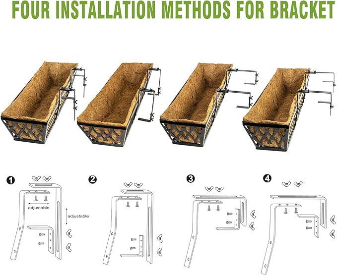 Window Boxes Planters: 2 Pack 30 Inch Railing Planter Box with Adjustable Brackets for Porch Fence Patio Balcony Hanging Flower Baskets with Coco Liners for Outdoor Garden Decor - Bronze