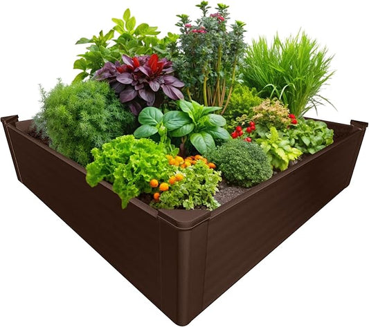 Raised Garden Bed - 4x4 ft Planter Box - Brown HDPE - No Tools Needed - DIY Kit for Urban Gardening, Flowers, Herbs & Vegetables - Made in The USA