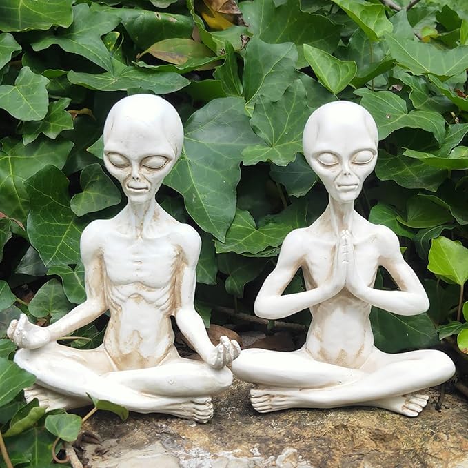 White Alien Statue, Resin Yoga Pose Alien Figure, 6.3" H Creative Yoga Alien Statue of The Thinker for Home Offcie Garden Decor Supplies