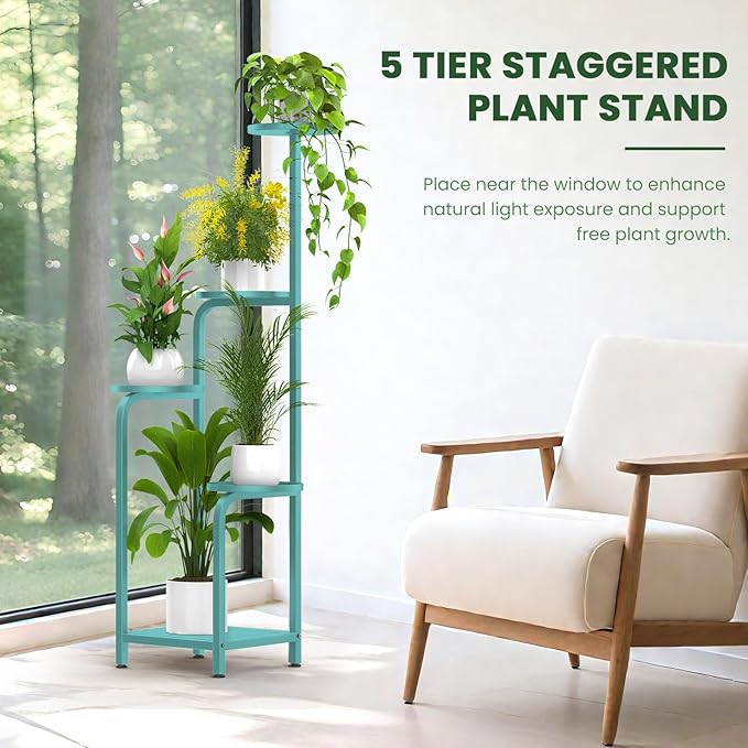 TOSKING 5 Tier Tall Plant Stand Indoor Outdoor, Heavy Duty Corner Shelf for Plants & Decor, Space Saving 3.9FT Metal Flower Pot Stand for Balcony, Garden, Living Room, Patio (Blue, 47in)