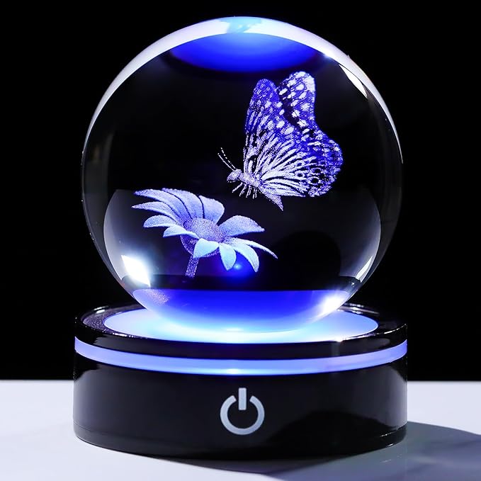 YWHL 3D Crystal Ball Butterfly and Flower Figurine with Colorful LED Base, Laser Butterfly Gifts for Women Men on Christmas Birthday, Crystal Ball Butterfly Decor Night Light for Home Decor (80mm)