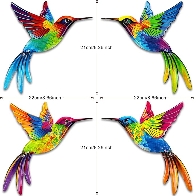ULENDIS 4 Pack Metal Hummingbird Wall Art Decor, 3D Colorful Birds Outdoor Wall Art Patio Fence Decorations, Wall Hanging Decor for Garden Living Room Balcony(B)