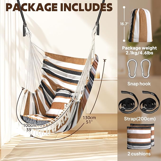 Chihee Hammock Chair Hanging Swing 2 Pillows Included,Strong Webbing Straps and Hooks for Easy Hanging Soft Cotton Hanging Chair Side Pocket Tassel Chair Comfort Indoor Outdoor Brown Stripes
