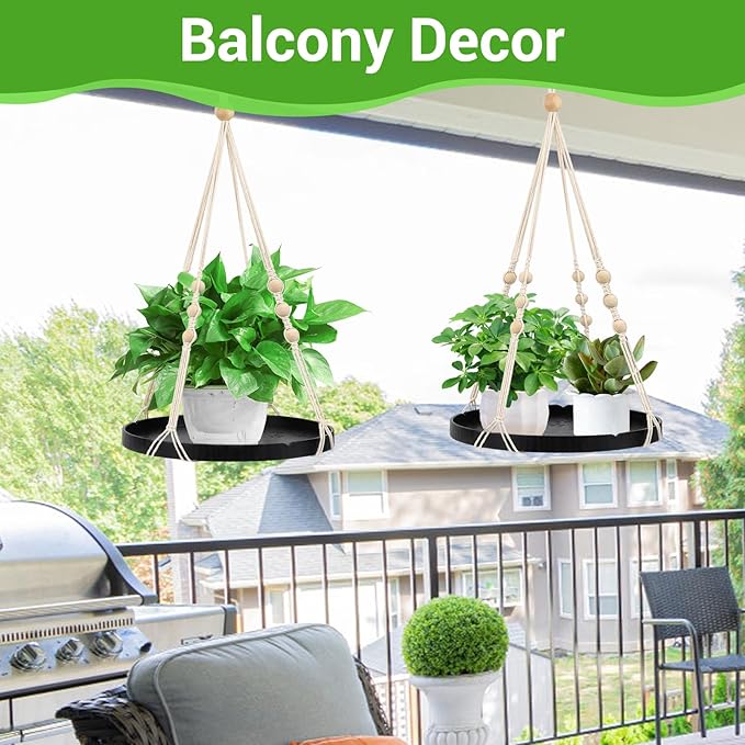SUREAM 2 Packs Indoor Outdoor Hanging Plant Holder, Plant Holder Shelf with Large Tray, Plant Hanging Basket for Indoor Outdoor Plants, Window Wall Ceiling Home Decor (No Plant/Pot Included)