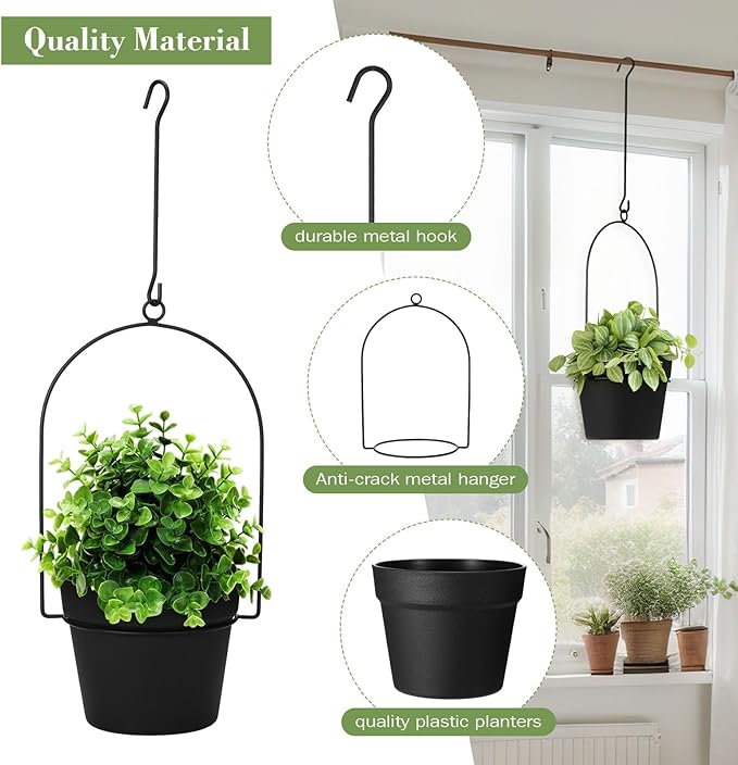 Hushee 6 Packs Metal Hanging Planters for Outdoor Indoor Plants Plant Hanger with 6.3'' Plastic Pots Hanging Planter Basket for Garden Home Porch Decor