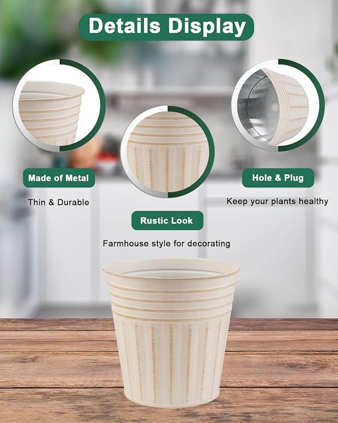 vensovo 4 Inches Beige Metal Rustic Flower Pots - 6 Pcs Small Galvanized Planters with Drainage Hole and Rubber Plug, Rustproof Tin Bucket Plant Pot Farmhouse Vintage Style for Decor