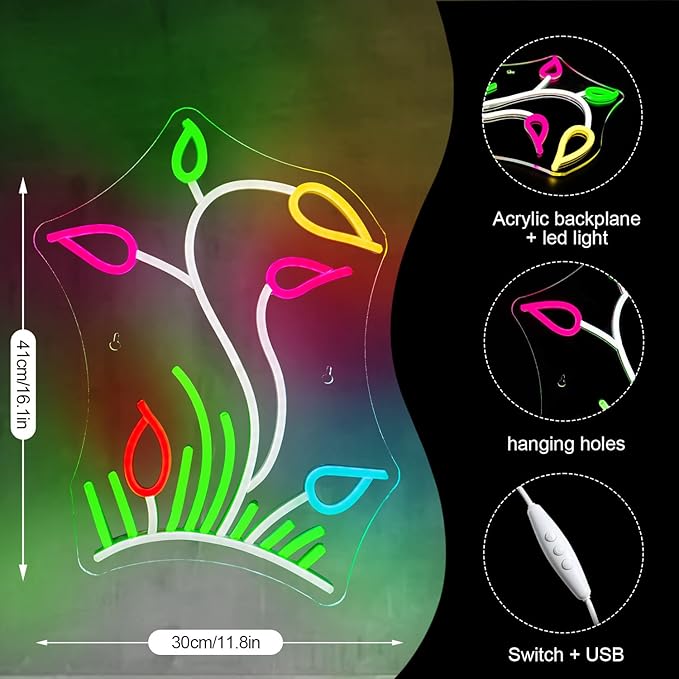 Flower Grasslands Neon Signs Tulips LED Neon Light for Wall Decor Flowers Shaped Light up Sign for Bedroom, Christmas Gift, Shop, Teen Room, lorists,Dormitory