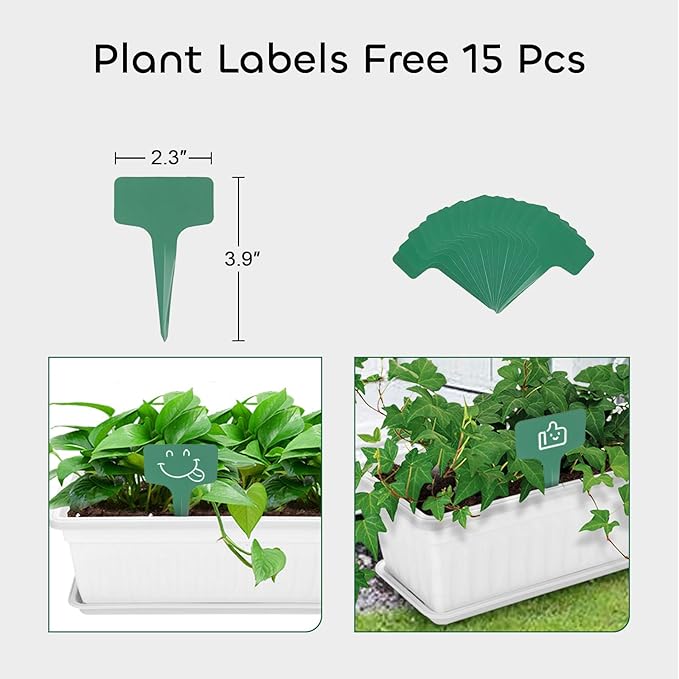 GROWNEER 3 Packs 17 Inches White Flower Window Box Plastic Vegetable Planters Long Pots with 15 Pcs Plant Labels for Outdoor Indoor Windowsill Patio Garden Home Decor Porch