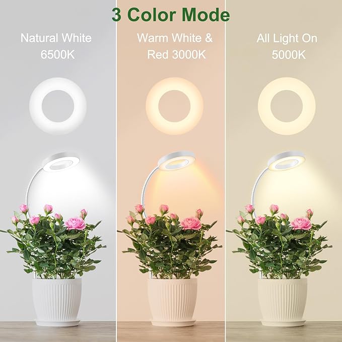 Wolezek 2 in 1 Grow Lights for Indoor Plants, 3 Colors Plant Lights for Indoor Growing with 360° Gooseneck, 48 LEDs Full Spectrum Plant Grow Lights Indoor, 6/12/16H Timer, 5 Brightness, White 3 Pack