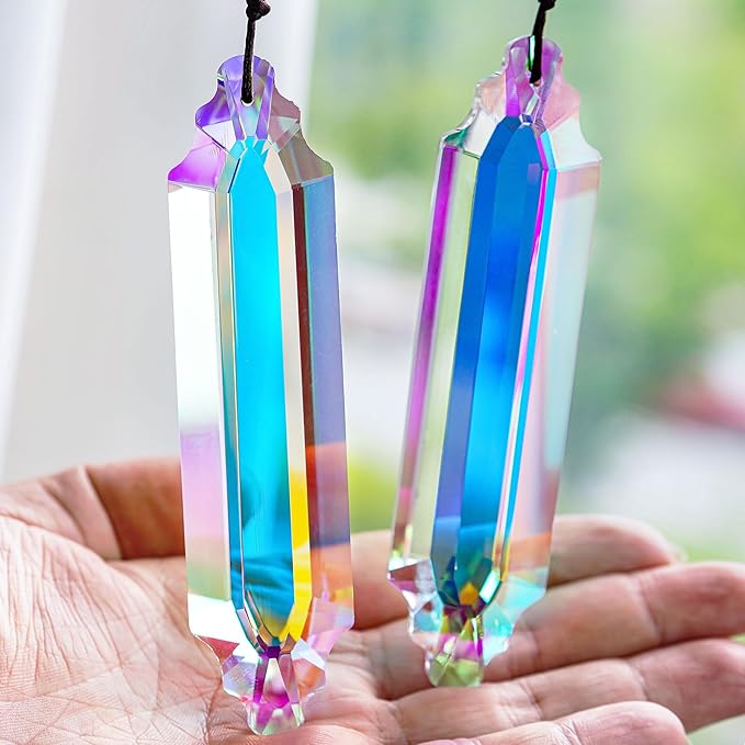 HDCRYSTALGIFTS 2 Pack 5" Large Crystal Suncatcher Prisms,AB Crystals for Sun Catchers,Rainbow Maker Hanging Prisms for Windows,Room,Chandelier,Garden Home Decor