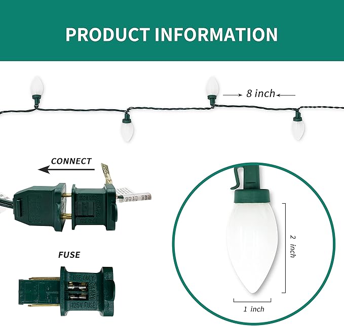 C9 Christmas Lights Outdoor 50 LED Cold White Strawberry Waterproof String Lights Xmas Tree Indoor Decoration Plug in 34.5 Feet Used for Home Festive Courtyard Patio Garden(Cold White)