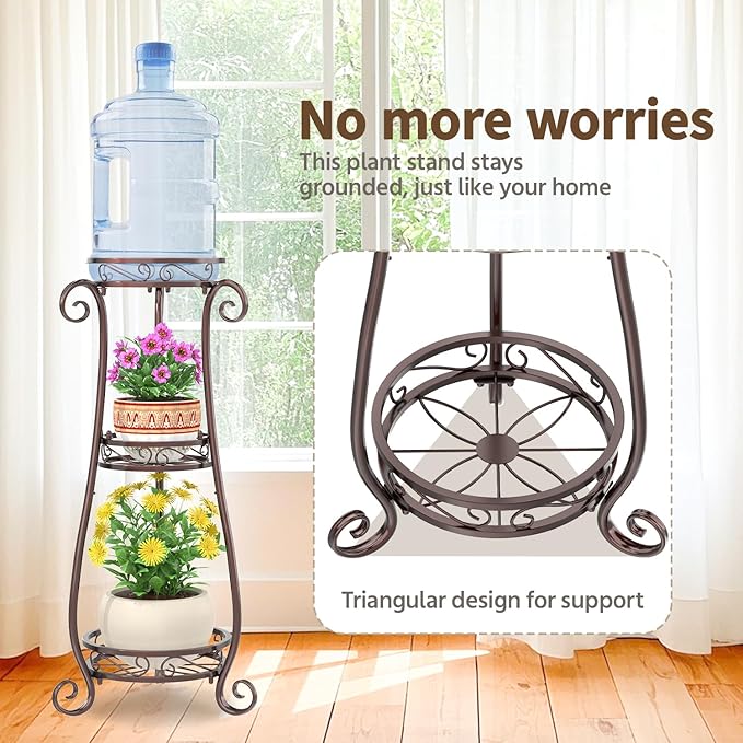 LASZOLA 3 Tier Bronze Metal Plant Stand for Multiple Large Planters Indoor Outdoor Organizer, Heavy Duty Tall Flower Stand for Corner Patio Bathroom Office, Modern Sturdy Vertical Iron Rack, Cat Proof