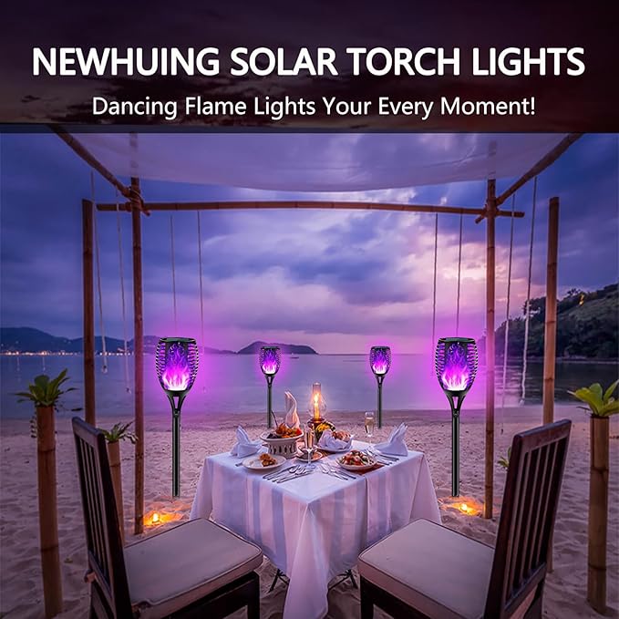 4PCs Halloween Solar Torch Lights Outdoor, 43in 96 LED, Waterproof Landscape Garden Pathway Light with Purple Vivid Dancing Flickering Flames, Auto On/Off Dusk to Dawn for Halloween Lights Decoration