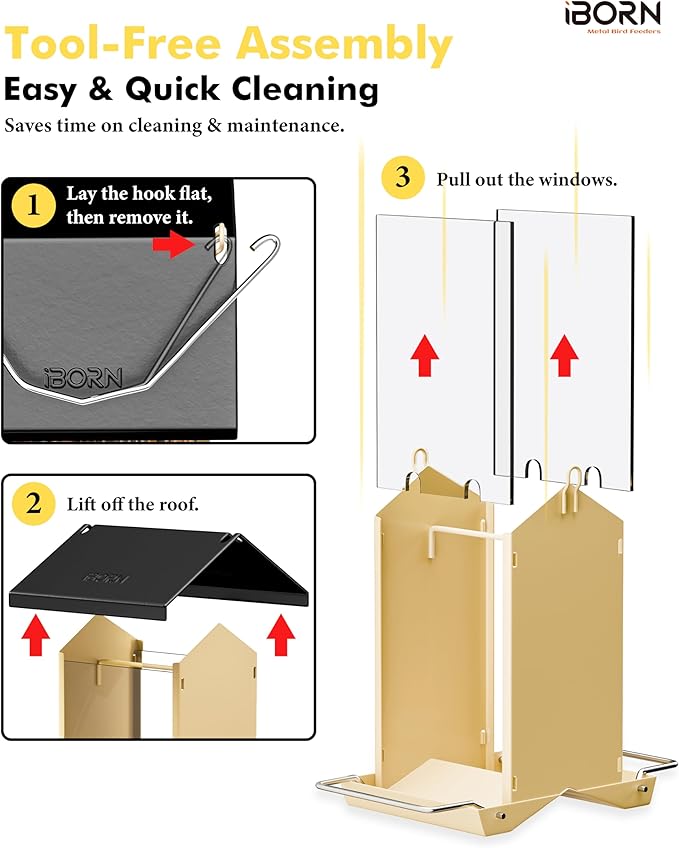 iBorn Bird Feeders for Outdoors,Bird House Feeder with Weatherproof Metal Roof & 8 Drain Holes,Fully Detachable Birdfeeder Design,Easy Clean & Refill,Chew-Proof PC Windows,1.5 Lbs Capacity,Black Roof