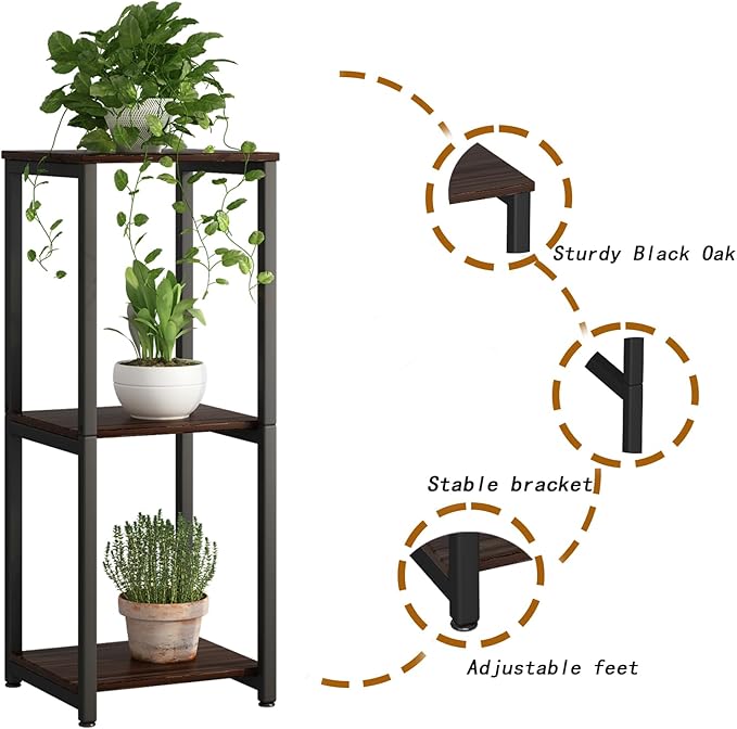 Plant Stand Indoor 3 Tier Tall Metal Corner Storage Tiered Plant Shelf Holder Multiple for Living Room Balcony Garden,Black Oak (3 Tier-Black Oak)