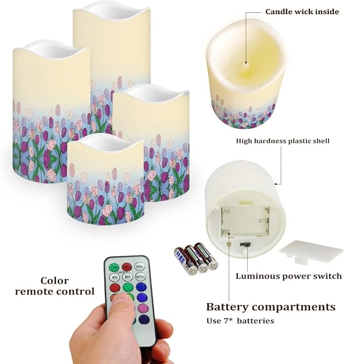 Ystardream Purple Tulips Flameless Candles with Timer Led Candles Flickering 4 Candle Sets for Home Decor,18 Key Remote Control，Dancing Flame, True Wax, Battery Power