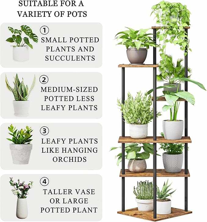 Plant Stand Indoor 6-Tier Metal Wood Plant Shelf for Multiple Flower Pots Corner Tall Flower Holders for Living Room Balcony Bedroom, Rustic Brown