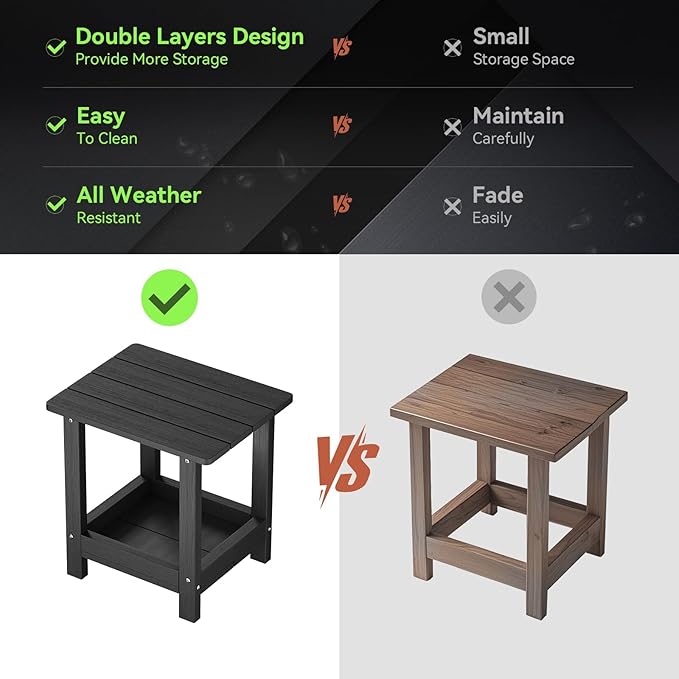 Adirondack Outdoor Side Table with 2 Layer Storage Small Adirondack Square Side Tables for Outside Weather Resistant Patio End Table for Pool, Backyard, Indoor Companion, Front Porch, Black