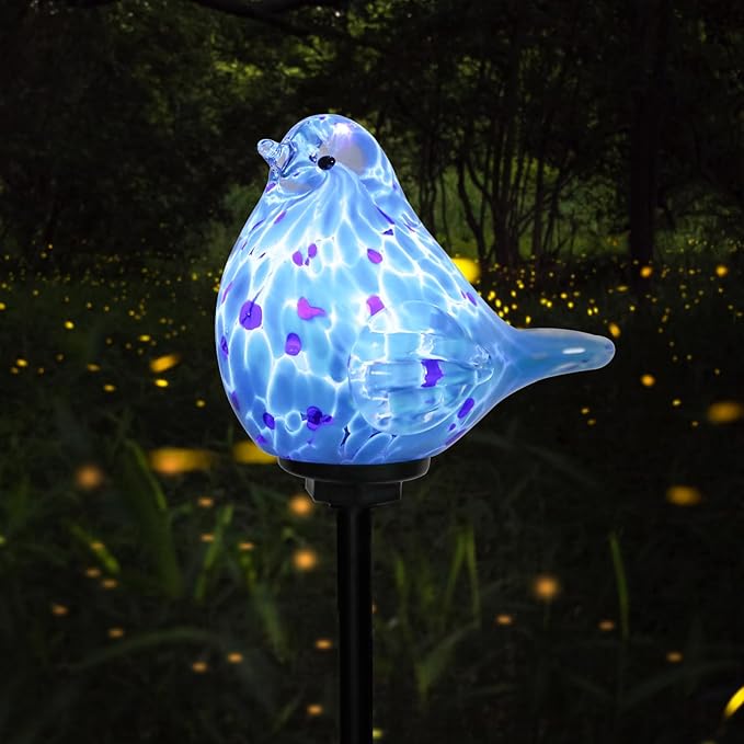 Afirst Decorative Solar Lights Outdoor Solar Bluebird Stake Lights Hand Blown Glass Decorative Garden Pathway Lights Outdoor Waterproof Glass Stakes