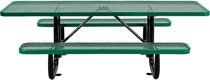 Global Industrial 8'L Rectangular Picnic Table, ADA Compliant, Expanded Metal, Green Thermoplastic Coating, Attached Benches, 1-1/2” Umbrella Pole Hole, Outdoor-Rated