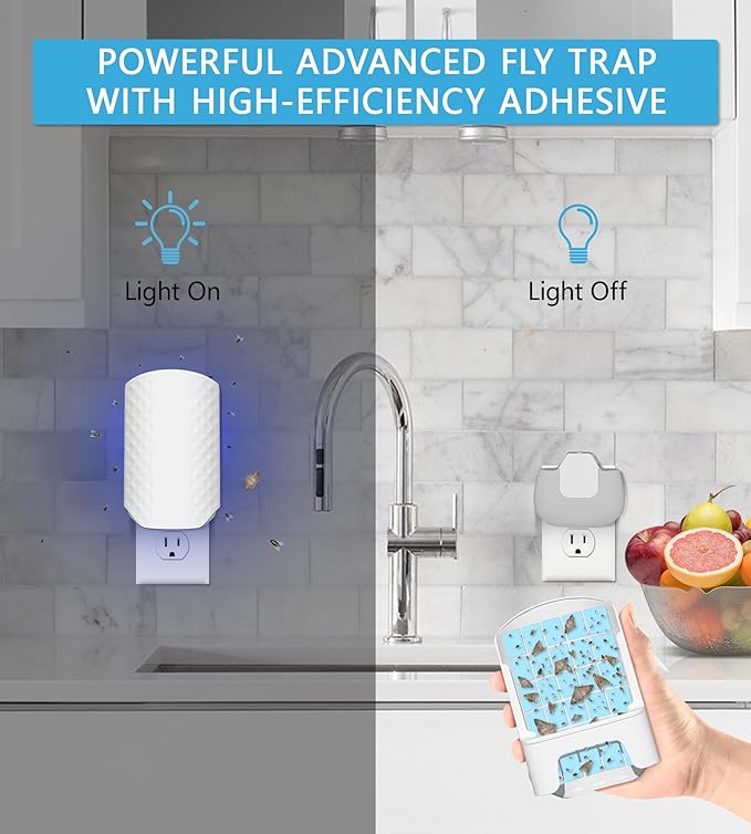 Flying Insect Trap for Indoors, Bug Killer Light Trap for Fruit Flies, Gnats, Moths, and Houseflies, 1 Device + 4 Refills, Best Fly Traps for Home, Kitchen, Bedroom, Plant Area, Garages