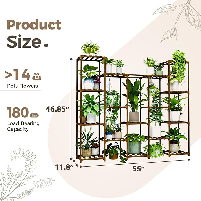 Bamworld Large Hanging Plant Stand Indoor Tall Plant Shelf Outdoor 14 Pots Large Plant Rack for Living Room Patio, Balcony and Garden