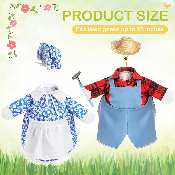 2 Set Spring Goose Outfit Blue Lawn Porch Goose Cloths Farmer Plastic Goose Costume for 23" Cement Goose Spring Outdoor Patio Yard Lawn Decoration