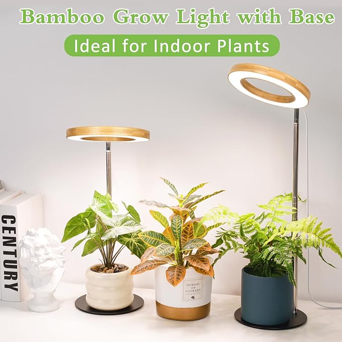LORDEM Bamboo Grow Light for Indoor Plants, Full Spectrum Plant Light for Indoor Growing, Desk LED Grow Lamp with Auto On/Off Timer for 4H/8H/12H, 4 Dimmable Levels, Height Adjustable, 2 Pack