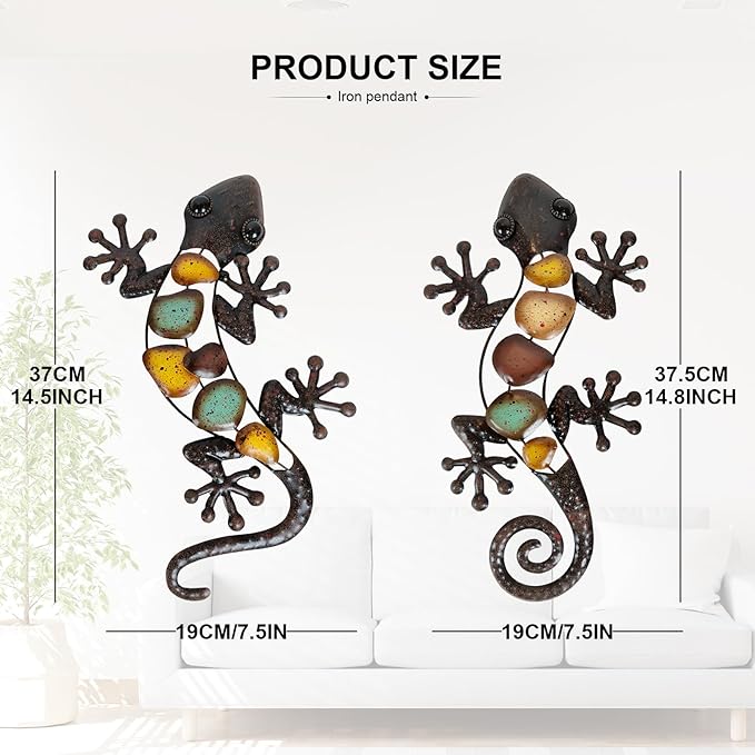 LIFFY Metal Gecko Wall Decor Large 2 Pack, Outdoor Lizard Wall Art, Metal Lizards Wall Decor, Gecko Metal Wall Art for Home Garden Yard Fence(15inch)