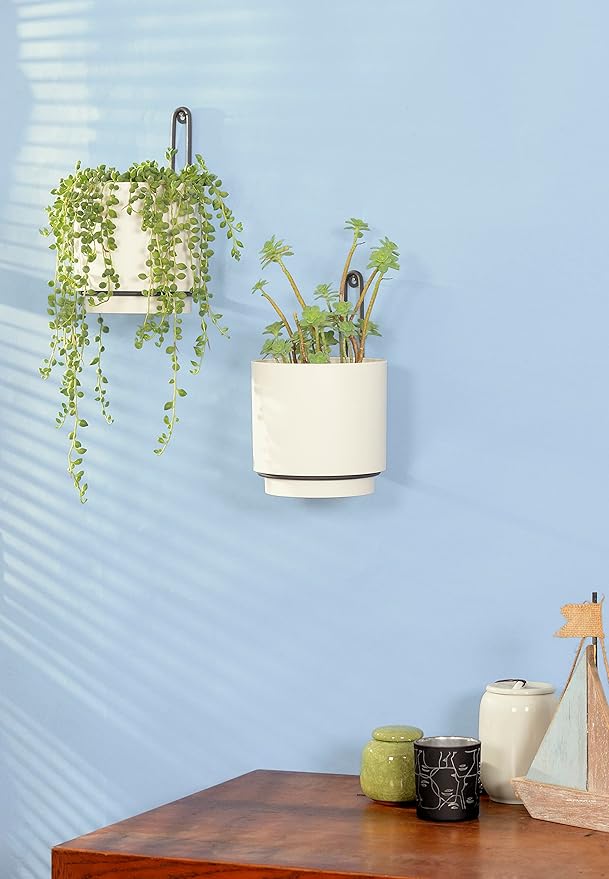 Wall Mounted Hanging Planter Vase & Geometric Wall Decor Polypropylene Container - Dia.5.91" - Sylinder Shape, White, Set of 2