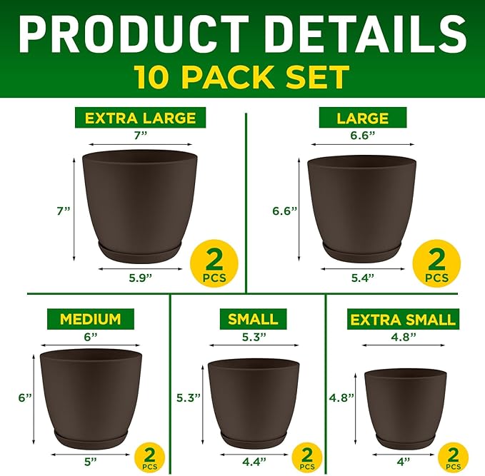Planter Pots with Drainage Holes - Lightweight, Durable & Space-Saving Pots for Indoor and Outdoor - Versatile Functionality, Simple Modern Design, Set of 10 Plastic Planter Pots - Brown