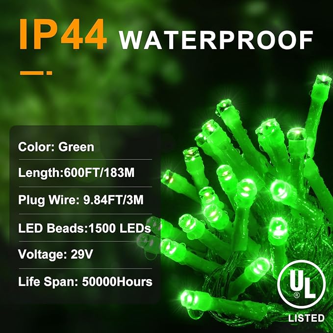 KNONEW 600ft 1500 LED String Lights Outdoor Christmas Lights 8 Modes & Timer Fairy Light Plug in Waterproof LED String Lights for Xmas Yard Tree Wedding Party Holiday Decorations (Green)