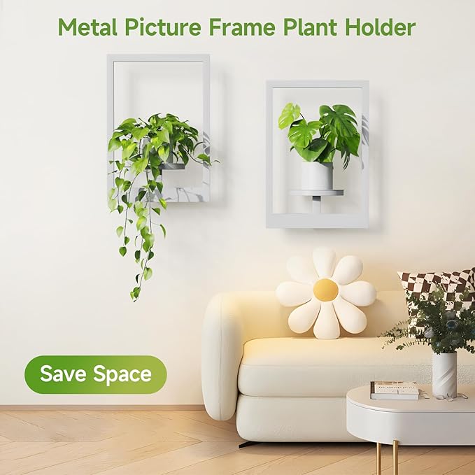Picture Frame Wall Plant Holder, Metal Window Plant Shelves Plant Holder for Indoor Plants, Hanging Wall Planters Wall-Mounted Plant for Home, Office, and Garden (White, 3PCS)