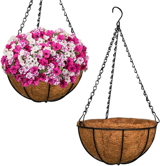 ZeeDix 2 Pack 12 Inch Metal Round Hanging Planter Basket with Coconut Liners Replacement, Hanging planters Baskets with Natural Coco Liner for Outdoor Indoor Planters Flowers Vegetables