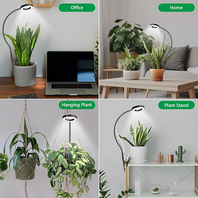 Clip on Grow Light, 6000K Plant Lights for Growing Small Plants, Full Spectrum Grow Lights for Indoor Plants 2 Installation Options, Black Halo LED Grow Lamp with 6/12/16H Timer