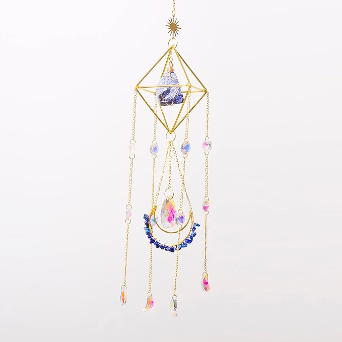 Crystal Suncatcher Lapis Lazuli, Blue Sun Catcher Hanging Decor, Blue Lazurite Crystal Window Hanging, Gemstone Prism, Boho Chic Decor, Raw Natural Stone (Lazurite)