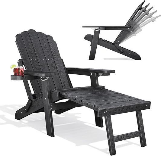 Folding Adirondack Chair with Retractable Ottoman Fire Pit Patio Chair with Adjustable Backrest, 2 Cup Holder Weather Resistant Outdoor, Patio, Lawn, Garden, Backyard Deck, Fire Pit, Black