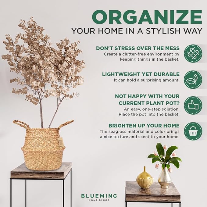 Tree Basket – Wicker Seagrass Planter for Tall Indoor Fake Olive House Plants, Decorative Rattan Baskets for 7-8 Inch Small Plant Pots (Original, Medium)