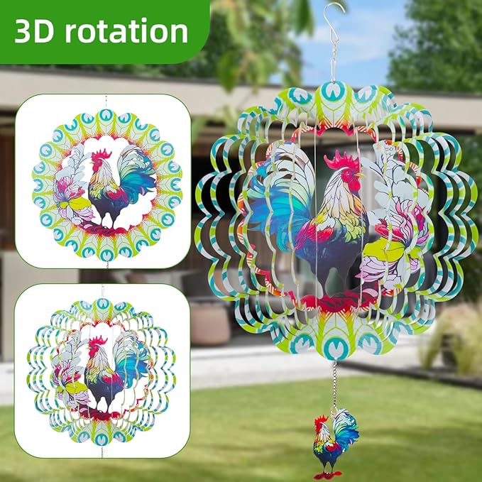 Wind Spinners Outdoor, FACIACC Rooster Metal 3D Hanging Garden Decor, 12-inch Stainless Steel Wind Spinner with Tail Spinner, Wind Sculptures for Indoor Patio Lawn Yard, Ornament Gift for Women/Men
