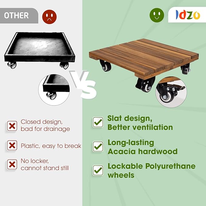 Idzo 2-Pack 12 Inch Acacia Wood Rolling Square Plant Caddy for Plant Pots, Heavy Duty Plant Stand with 360° Lockable Wheels, 264 lbs Capacity Caddy for Indoor and Outdoor Use, Natural Wood
