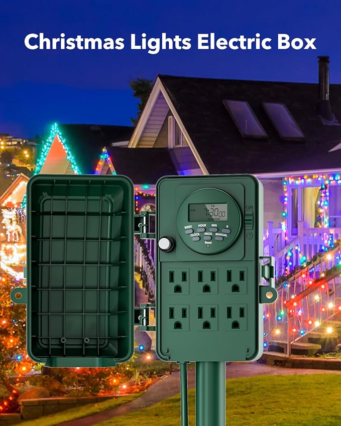 BN-LINK 7 Day Programmable Outdoor Power Stake Timer, 6 Outlets, 6FT Extension Cord Waterproof, Ideal for Outdoor Christmas Decorations & Garden, ETL Listed