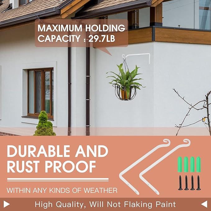 Jardim 2 Pack 10 Inch Premium Decorative Metal Iron Wall Hangers for Home Decor, Indoor Outdoor Plant Bracket Rustic Hanging Gardening Hooks for Planters, Bird Feeders, Lanterns, Wind Chimes (White)